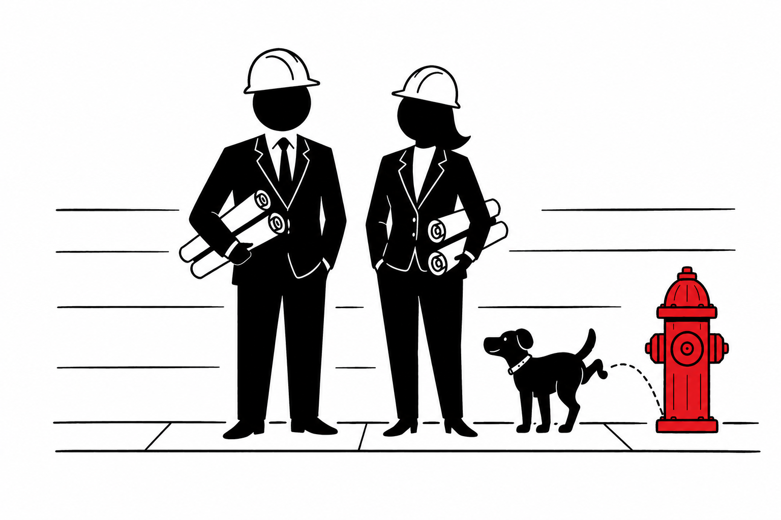 Composição editorial AVXA: casal de capacetes com pranchas de projeto, cachorro marcando hidrante vermelho.